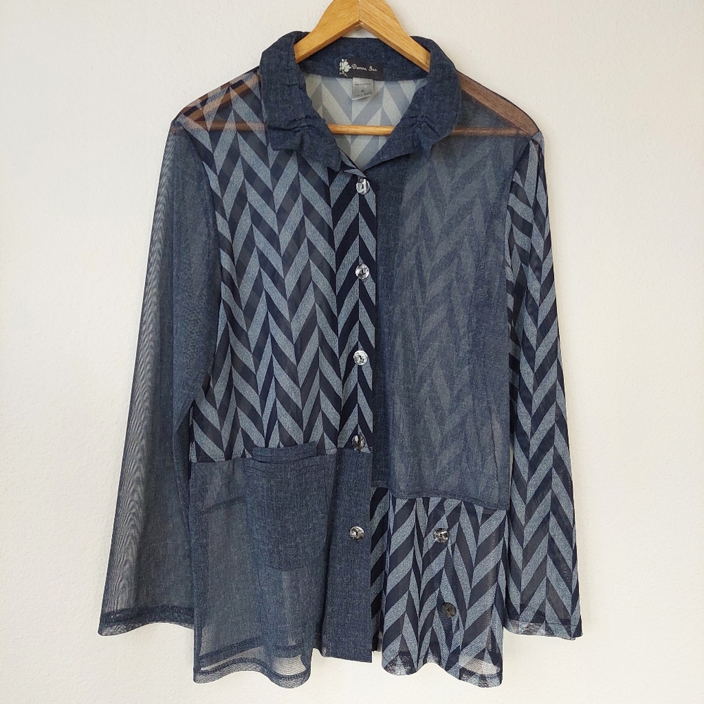 Damee Inc. Modern Art Sheer Longsleeve Blouse Size Small